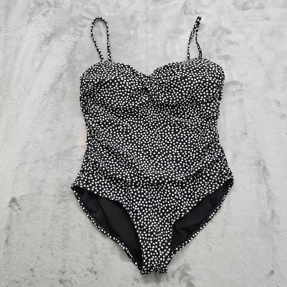 Catalina Swimsuit Womens L Black White Polka Dot Twist Front Ruched One‎ Piece